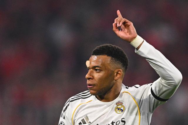 15 April 2026, Bavaria, Munich: Real Madrid's Kylian Mbappe celebrates scoring his side's third goal during the UEFA Champions League Quarterfinal Second Leg soccer match between Bayern Munich and Real Madrid at Allianz Arena. Photo: Tom Weller/dpa