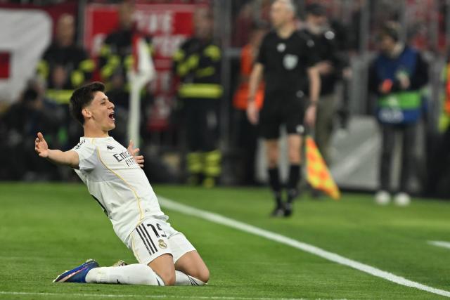 15 April 2026, Bavaria, Munich: Real Madrid's Arda Gueler celebrates scoring his side's second goal during the UEFA Champions League Quarterfinal Second Leg soccer match between Bayern Munich and Real Madrid at Allianz Arena. Photo: Sven Hoppe/dpa