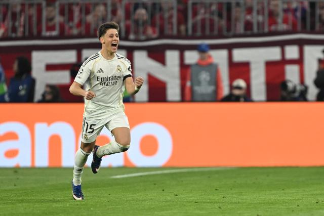 15 April 2026, Bavaria, Munich: Real Madrid's Arda Gueler celebrates scoring his side's second goal during the UEFA Champions League Quarterfinal Second Leg soccer match between Bayern Munich and Real Madrid at Allianz Arena. Photo: Sven Hoppe/dpa