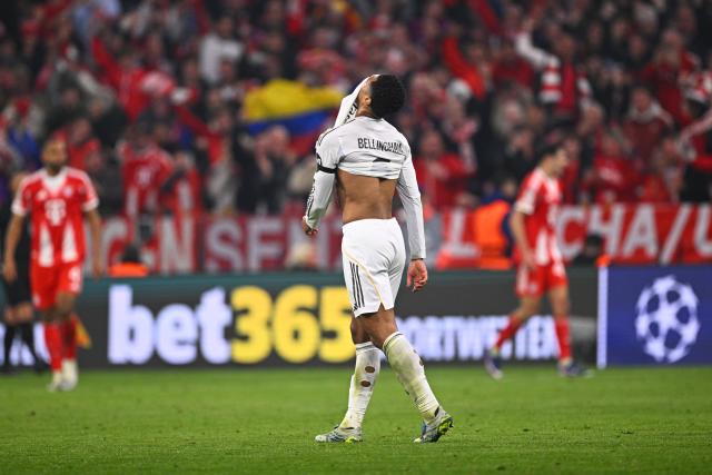 15 April 2026, Bavaria, Munich: Real Madrid's Jude Bellingham reacts during the UEFA Champions League Quarterfinal Second Leg soccer match between Bayern Munich and Real Madrid at Allianz Arena. Photo: Tom Weller/dpa