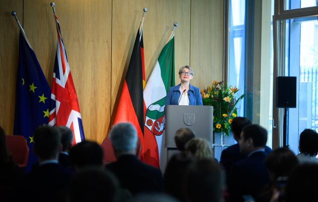 16 April 2026, Berlin: Yvette Cooper, the UK's Secretary of State for Foreign Affairs, speaks at the 'New Koenigswinter Future Lab' organized by the German-British Society at the Office of the State of North Rhine-Westphalia to the Federal Government. Photo: Bernd von Jutrczenka/dpa