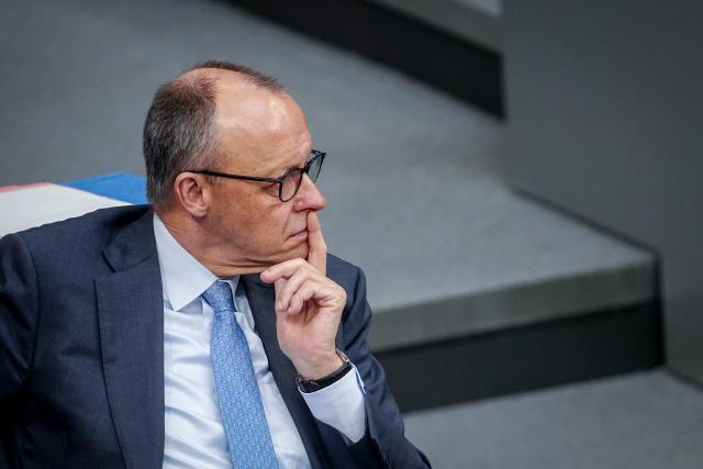 16 April 2026, Berlin: Friedrich Merz, Germany's Chancellor, attends a plenary session of the German Bundestag, where the agenda includes the first reading of a bill to reduce energy taxes. Photo: Kay Nietfeld/dpa