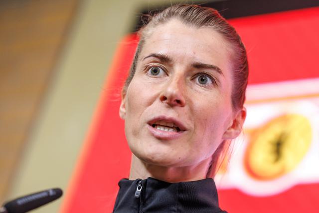 16 April 2026, Berlin: Union Berlin's Coach Marie-Louise Eta speaks during a press conference for the team ahead of their match against VFL Wolfsburg, at the Stadion an der Alten Foersterei. Photo: Andreas Gora/dpa