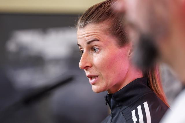 16 April 2026, Berlin: Union Berlin's Coach Marie-Louise Eta speaks during a press conference for the team ahead of their match against VFL Wolfsburg, at the Stadion an der Alten Foersterei. Photo: Andreas Gora/dpa