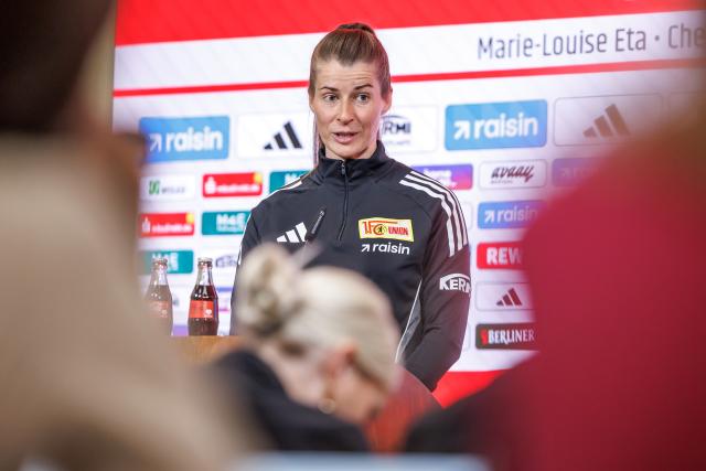 16 April 2026, Berlin: Union Berlin's Coach Marie-Louise Eta speaks during a press conference for the team ahead of their match against VFL Wolfsburg, at the Stadion an der Alten Foersterei. Photo: Andreas Gora/dpa