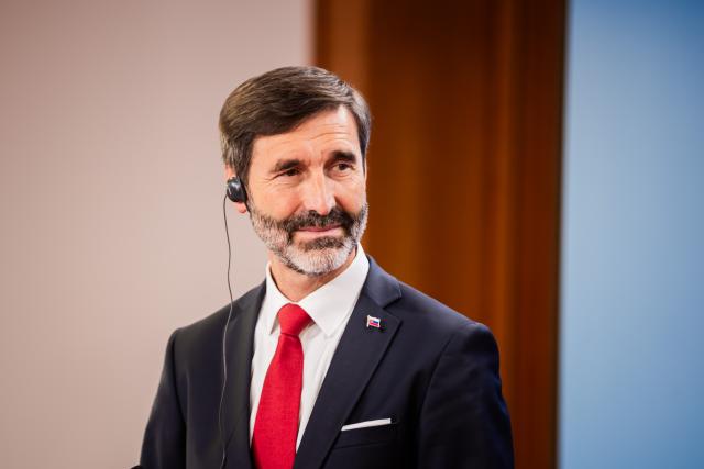 FILED - 11 October 2024, Berlin: Slovak Foreign Minister Juraj Blanar speaks at a press conference at the German Foreign Office. Photo: Christoph Soeder/dpa