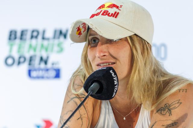 FILED - 20 June 2025, Berlin: Czech tennis player Marketa Vondrousova speaks during a press conference ahead of the quarterfinal match of the Berlin Tennis Open tournament. Photo: Andreas Gora/dpa