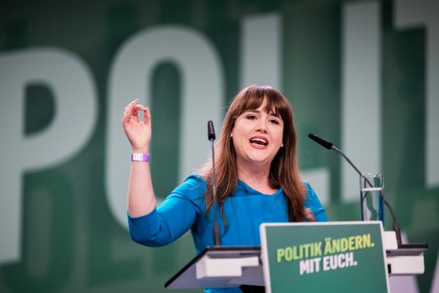 18 April 2026, Berlin: Ricarda Lang (Alliance 90/The Greens), member of the German Bundestag, speaks at the Berlin Greens' state party conference. One of the items on the agenda is the drawing up of the state list for the election to the Berlin House of Representatives on September 20, 2026. Photo: Christoph Soeder/dpa