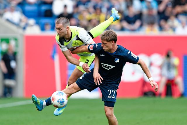 18 April 2026, Baden-Wuerttemberg, Sinsheim: Borussia Dortmund's Waldemar Anton (L) and Hoffenheim's Alexander Prass battle for the ball during the German Bundesliga soccer match between TSG 1899 Hoffenheim and Borussia Dortmund at PreZero Arena. Photo: Uwe Anspach/dpa - WICHTIGER HINWEIS: Gemäß den Vorgaben der DFL Deutsche Fußball Liga bzw. des DFB Deutscher Fußball-Bund ist es untersagt, in dem Stadion und/oder vom Spiel angefertigte Fotoaufnahmen in Form von Sequenzbildern und/oder videoähnlichen Fotostrecken zu verwerten bzw. verwerten zu lassen.