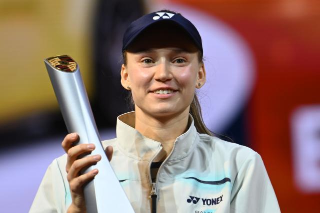 19 April 2026, Baden-Wuerttemberg, Stuttgart: Kazakhstani tennis player Elena Rybakina celebrates victory against Kazakhstan's Karolina Muchova after their women's singles final match of the Stuttgart Open tennis tournament. Photo: Marijan Murat/dpa