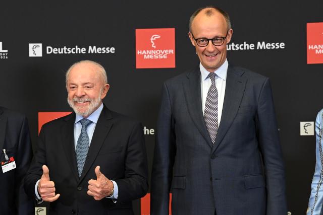 19 April 2026, Lower Saxony, Hanover: Germany's Chancellor Friedrich Merz (R) and Brazilian President Luiz Inacio Lula da Silva attend the opening of the Hanover Trade Fair. Photo: Julian Stratenschulte/dpa