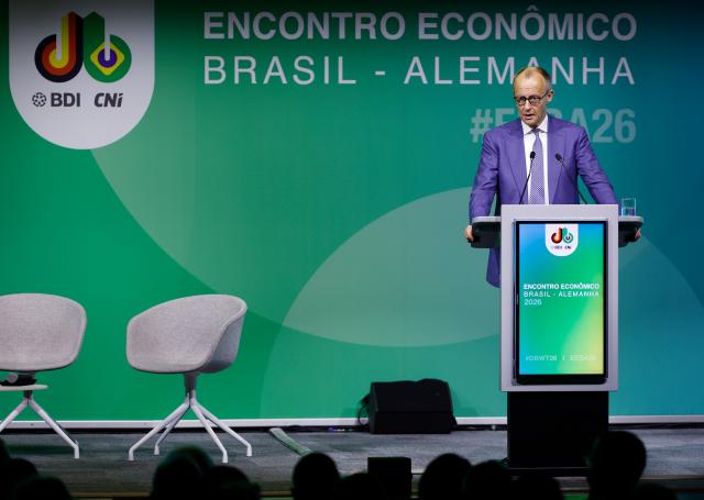 20 April 2026, Lower Saxony, Hanover: German Chancellor Friedrich Merz speaks at the Hannover Messe Summit. Brazil is the partner country at this year's Hannover Messe. Photo: Michael Matthey/dpa