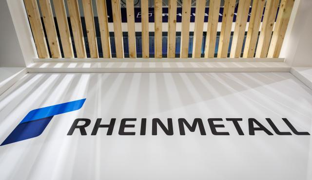 FILED - 23 February 2026, Bavaria, Nuremberg: The logo of the Rheinmetall armaments group stands at the company's stand during the Enforce Tac trade fair for security and defense. Photo: Daniel Karmann/dpa