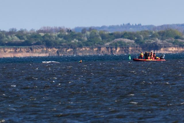 20 April 2026, Mecklenburg-Vorpommern, Weitendorf-Hof: A humpback whale is seen off the coast of Poel Island, blowing air from its blowhole after freeing itself from stranding near Wismar and travelling several kilometres, following days of rescue efforts by a private initiative. Photo: Marcus Golejewski/dpa