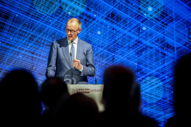 20 April 2026, Berlin: Friedrich Merz, Germany's Chancellor, speaks at the annual reception marking the 75th anniversary of the Federal Association of German Banks. Photo: Kay Nietfeld/dpa