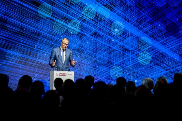 20 April 2026, Berlin: Friedrich Merz, Germany's Chancellor, speaks at the annual reception marking the 75th anniversary of the Federal Association of German Banks. Photo: Kay Nietfeld/dpa