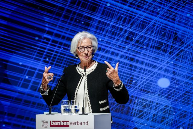 20 April 2026, Berlin: Christine Lagarde, President of the European Central Bank (ECB), speaks at the annual reception marking the 75th anniversary of the Federal Association of German Banks. Photo: Kay Nietfeld/dpa