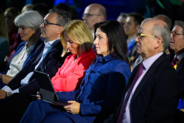 21 April 2026, Lower Saxony, Hanover: German Economics Minister Katherina Reiche attends a panel discussion on artificial intelligence in industry during the Hannover Messe industrial trade fair. Photo: Julian Stratenschulte/dpa