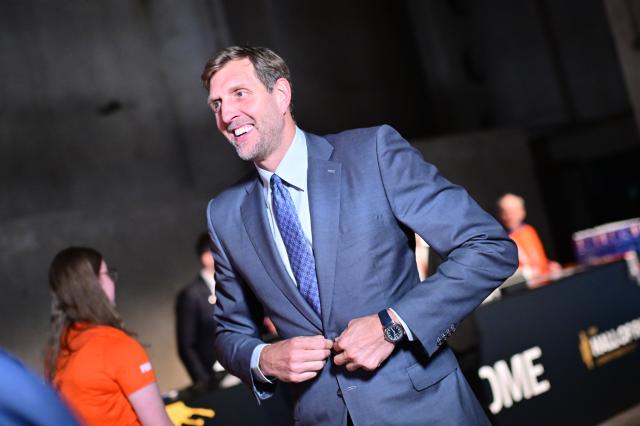 21 April 2026, Berlin: Former German basketball player Dirk Nowitzki arrives to attend the draw ceremony for the 2026 FIBA Women's Basketball World Cup. The World Cup will take place in Berlin from September 4 to 13. Photo: Sebastian Gollnow/dpa