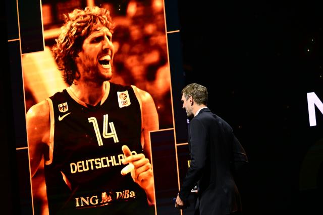 21 April 2026, Berlin: Former German basketball player Dirk Nowitzki pictured during his induction into the FIBA Hall of Fame in 2026. Photo: Sebastian Gollnow/dpa