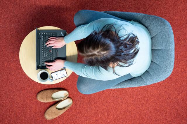 FILED - 02 March 2024, Saxony, Dresden: A woman sits in an armchair in her home office and works on a laptop. Photo: Sebastian Kahnert/dpa