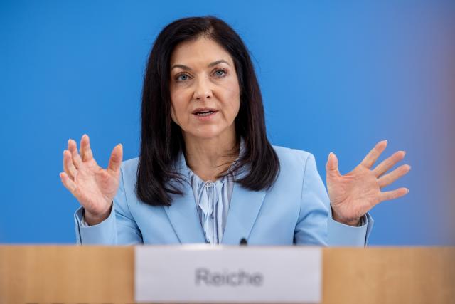22 April 2026, Berlin: Katherina Reiche, German Minister for Economic Affairs and Energy, speaks at the presentation of the German Government's spring projection. Photo: Michael Kappeler/dpa