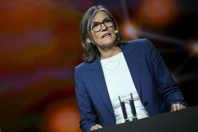 22 April 2026, Lower Saxony, Hanover: Christiane Benner, First Chairwoman of IG Metall, speaks at an IG Metall panel discussion during the Hannover 
Messe industrial trade fair. Photo: Shireen Broszies/dpa
