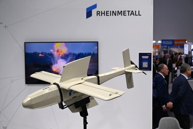 FILED - 25 March 2025, Duesseldorf: A Rheinmetall FV-014 drone can be seen at the Rheinmetall stand at the Xpontential drone and armaments trade fair. Germany's largest defence contractor, Rheinmetall, will supply the German Armed Forces or Bundeswehr with so-called kamikaze drones that are designed to Photo: Wolf von Dewitz/dpa