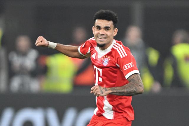 22 April 2026, North Rhine-Westphalia, Leverkusen: Bayern Munich's Luis Diaz celebrates scoring his side's second goal during the German DFB Cup semifinal soccer match between Bayer Leverkusen and Bayern Munich at BayArena. Photo: Federico Gambarini/dpa - IMPORTANT NOTICE: DFL and DFB regulations prohibit any use of photographs as image sequences and/or quasi-video.