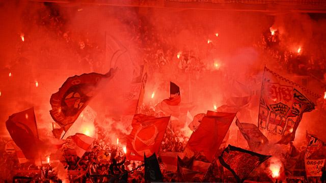 23 April 2026, Baden-Wuerttemberg, Stuttgart: Stuttgart fans set off pyrotechnics ahead of the German DFB Cup semifinal soccer match between VfB Stuttgart and SC Freiburg at MHPArena. Photo: Tom Weller/dpa - IMPORTANT NOTICE: DFL and DFB regulations prohibit any use of photographs as image sequences and/or quasi-video.