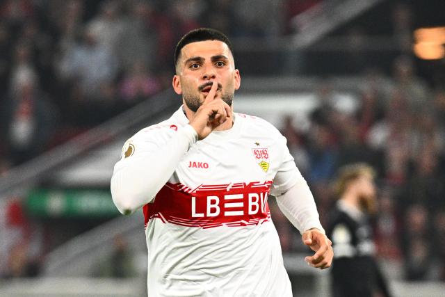 23 April 2026, Baden-Wuerttemberg, Stuttgart: Stuttgart's Deniz Undav celebrates his side's first goal of the game during the German DFB Cup semifinal soccer match between VfB Stuttgart and SC Freiburg at MHPArena. Photo: Tom Weller/dpa - IMPORTANT NOTICE: DFL and DFB regulations prohibit any use of photographs as image sequences and/or quasi-video.