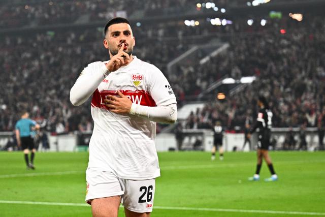 23 April 2026, Baden-Wuerttemberg, Stuttgart: Stuttgart's Deniz Undav celebrates his side's first goal of the game during the German DFB Cup semifinal soccer match between VfB Stuttgart and SC Freiburg at MHPArena. Photo: Tom Weller/dpa - IMPORTANT NOTICE: DFL and DFB regulations prohibit any use of photographs as image sequences and/or quasi-video.