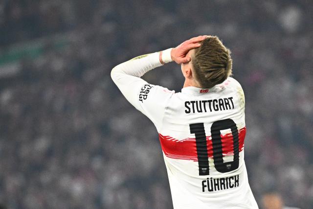 23 April 2026, Baden-Wuerttemberg, Stuttgart: Stuttgart's Chris Führich reacts after missing a scoring opportunity during the German DFB Cup semifinal soccer match between VfB Stuttgart and SC Freiburg at MHPArena. Photo: Tom Weller/dpa - IMPORTANT NOTICE: DFL and DFB regulations prohibit any use of photographs as image sequences and/or quasi-video.