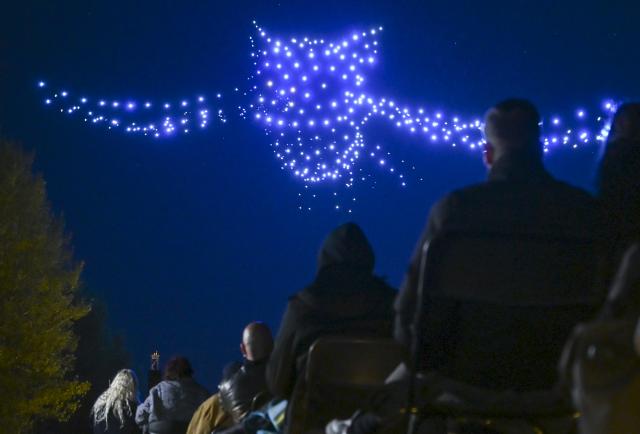 23 April 2026, Berlin: Synchronized drones display light patterns in the sky above the Gardens of the World during a DroneArt show, accompanied by a live string quartet as up to 1,000 drones form shapes in the night sky. Photo: Jens Kalaene/dpa