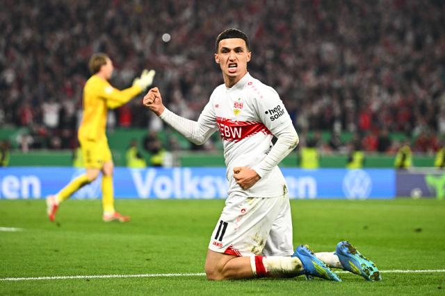 23 April 2026, Baden-Wuerttemberg, Stuttgart: Stuttgart's Bilal El Khannouss celebrates after winning the German DFB Cup semifinal soccer match between VfB Stuttgart and SC Freiburg at MHPArena. Photo: Tom Weller/dpa - IMPORTANT NOTICE: DFL and DFB regulations prohibit any use of photographs as image sequences and/or quasi-video.