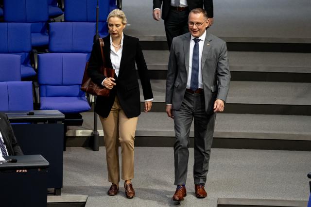 24 April 2026, Berlin: Alice Weidel, leader of the Alternative for Germany (AfD) parliamentary group and federal leader of the AfD, and Tino Chrupalla, leader of the AfD parliamentary group, attend the debate on reducing the energy tax on fuel in the plenary session of the German Parliament (Bundestag) in Berlin. Photo: Fabian Sommer/dpa