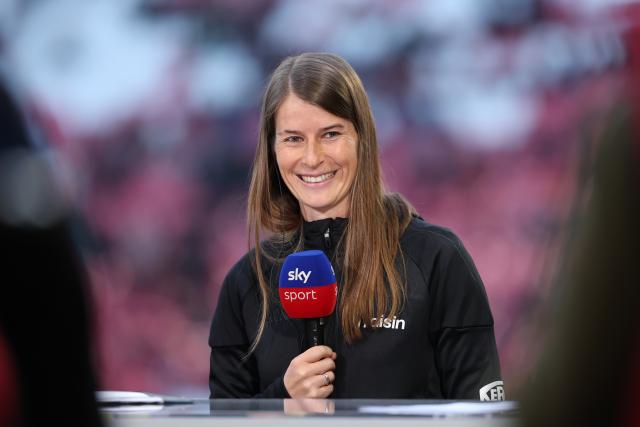 24 April 2026, Saxony, Leipzig: Union Berlin coach Marie-Louise Eta reacts during a pre-match interview ahead of the German Bundesliga soccer match between RB Leipzig and 1. FC Union Berlin at Red Bull Arena. Photo: Jan Woitas/dpa - IMPORTANT NOTICE: DFL and DFB regulations prohibit any use of photographs as image sequences and/or quasi-video.