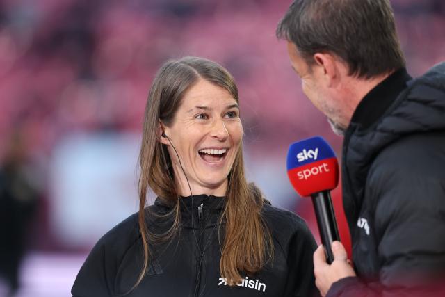 24 April 2026, Saxony, Leipzig: Union Berlin coach Marie-Louise Eta reacts during a pre-match interview ahead of the German Bundesliga soccer match between RB Leipzig and 1. FC Union Berlin at Red Bull Arena. Photo: Jan Woitas/dpa - IMPORTANT NOTICE: DFL and DFB regulations prohibit any use of photographs as image sequences and/or quasi-video.