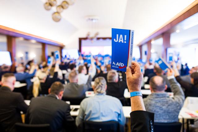 25 April 2026, Lower Saxony, Dötlingen: Delegates follow the state party conference of the Alternative for Germany (AfD) in Lower Saxony. The party conference takes place almost five months before the local elections and coincides with a period of tension within the party. Photo: Moritz Frankenberg/dpa