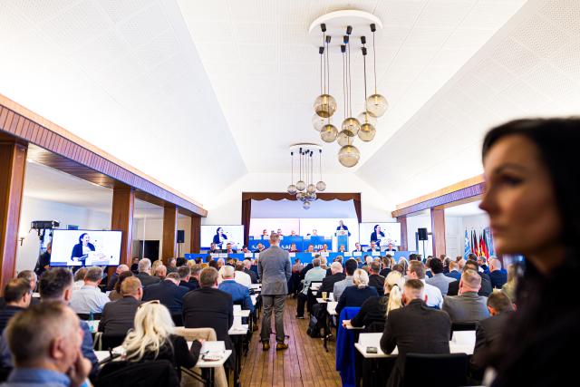 25 April 2026, Lower Saxony, Dötlingen: Delegates follow the state party conference of the Alternative for Germany (AfD) in Lower Saxony. The party conference takes place almost five months before the local elections and coincides with a period of tension within the party. Photo: Moritz Frankenberg/dpa