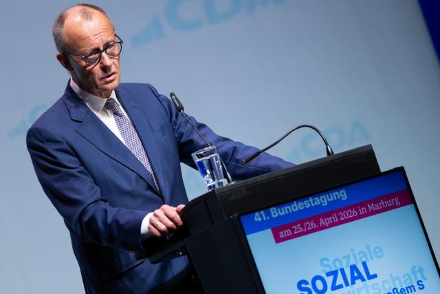 25 April 2026, Hesse, Marburg: German Chancellor Friedrich Merz speaks at the 41st Federal Conference of the Christian Democratic Workers' Association (CDA). Photo: Florian Wiegand/dpa