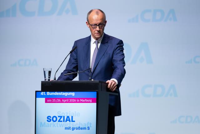 25 April 2026, Hesse, Marburg: German Chancellor Friedrich Merz speaks at the 41st Federal Conference of the Christian Democratic Workers' Association (CDA). Photo: Florian Wiegand/dpa