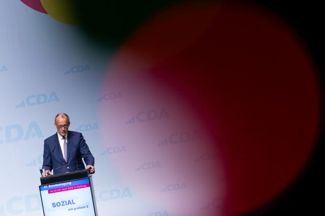 25 April 2026, Hesse, Marburg: German Chancellor Friedrich Merz speaks at the 41st Federal Conference of the Christian Democratic Workers' Association (CDA). Photo: Florian Wiegand/dpa