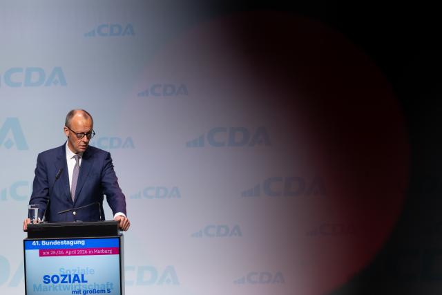 25 April 2026, Hesse, Marburg: German Chancellor Friedrich Merz speaks at the 41st Federal Conference of the Christian Democratic Workers' Association (CDA). Photo: Florian Wiegand/dpa