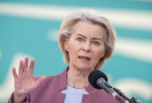 27 April 2026, Berlin: Ursula von der Leyen, President of the EU Commission, speaks before the start of the two-day meeting of the CDU/CSU parliamentary group's executive committee. Photo: Michael Kappeler/dpa