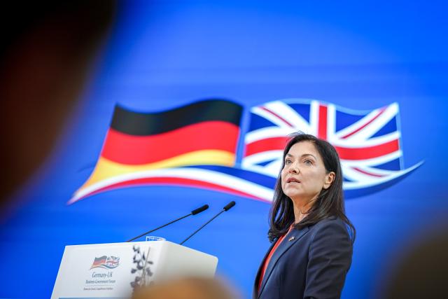 27 April 2026, Berlin: German Minister for Economic Affairs and Energy Katherina Reiche speaks at the German-British Economic Forum at the Haus der Wirtschaft. Photo: Kay Nietfeld/dpa