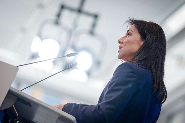 27 April 2026, Berlin: German Minister for Economic Affairs and Energy Katherina Reiche speaks at the German-British Economic Forum at the Haus der Wirtschaft. Photo: Kay Nietfeld/dpa
