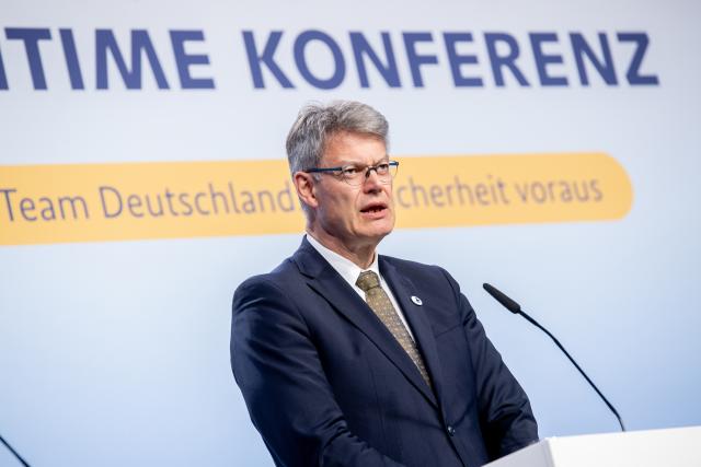29 April 2026, Lower Saxony, Emden: German Minister of Transport Patrick Schnieder speaks at a press conference in the North Sea Hall, during the 14th National Maritime Conference (NMK). Photo: Hauke-Christian Dittrich/dpa
