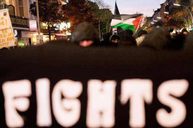 30 April 2026, Berlin: Participants hold a banner with the word "Fights" during the "Take back the Night" demonstration in Berlin's Kreuzberg district. Photo: Carsten Koall/dpa