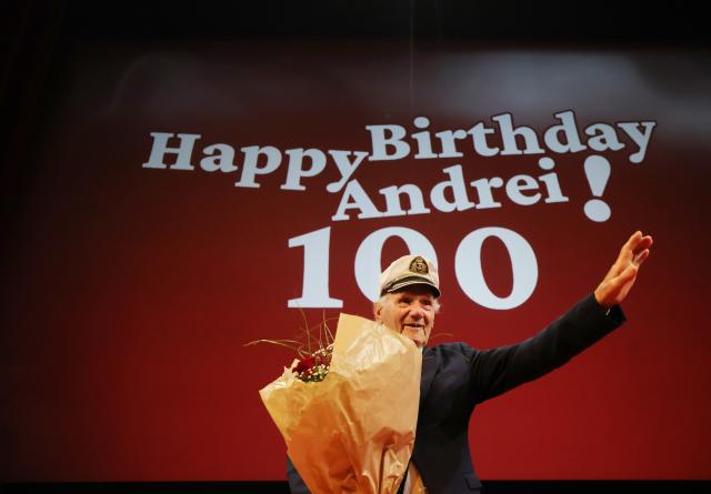 01 May 2026, Thuringia, Weimar: Buchenwald survivor Andrei Ivanovich Moiseenko stands on stage at the celebration of his 100th birthday at the German National Theater. Photo: Bodo Schackow/dpa
